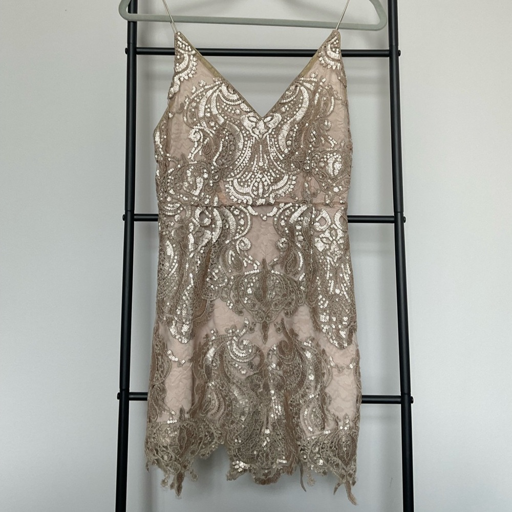 Tobi Gold Sequin Spaghetti Strap Cocktail Mini Dress